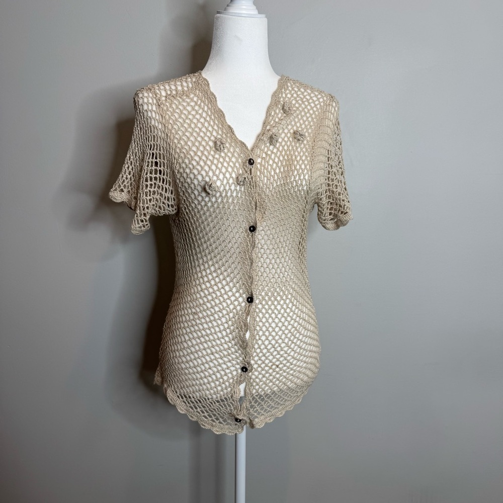 VTG Y2K Boho Crochet Blouse Medium Cottagecore Coastal Grandma Open Knit Beach